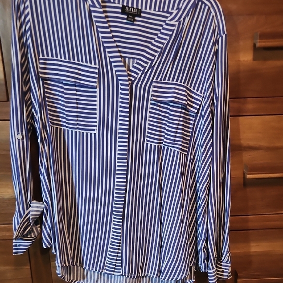 a.n.a Blue and White 3/4 Sleeve Notched Collar Blouse - Picture 3 of 4